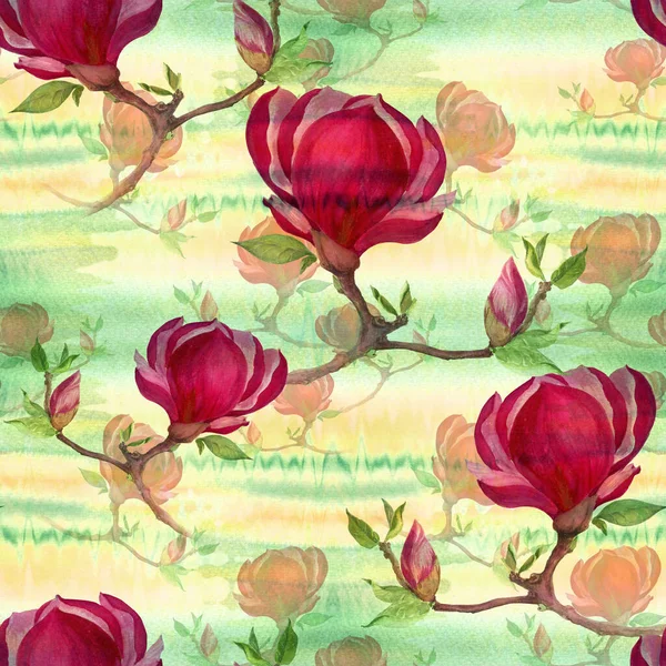 Naadloos Patroon Aquarel Magnolia Bloemen Knoppen Een Tak Takken Bloeien — Stockfoto