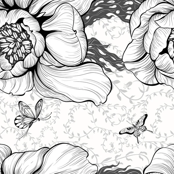 Vector Flowers Butterflies Decorative Composition Flowers Long Petals Wallpaper Seamless — Stock Vector
