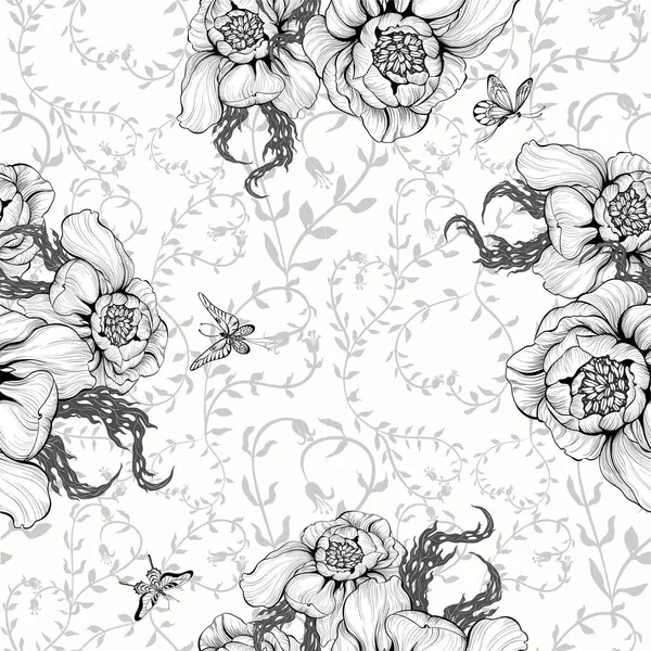 Vector Flowers Butterflies Decorative Composition Flowers Long Petals Wallpaper Seamless — Stock Vector