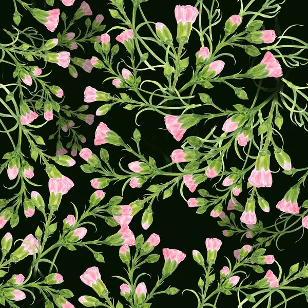 Квіти Гвоздики Темному Тлі Безшовний Фон Гілки Бруньками Листям Ботанічний — стокове фото