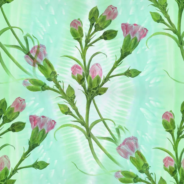 Гвоздики Квіти Тлі Акварелі Безшовний Фон Гілки Бруньками Листям Ботанічний — стокове фото