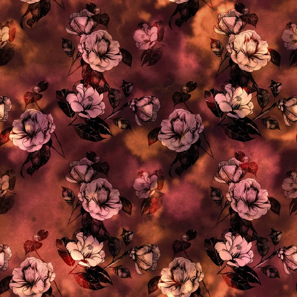 无缝图案 水彩画背景上的花束 异国花茶花 花和叶子 水墨画 装饰构图 使用印刷品 — 图库照片