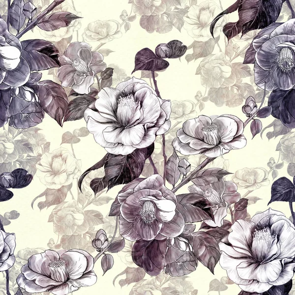 Seamless Pattern Collage Flowers Watercolor Background Exotic Flowers Camellia Flowers — Stock Photo, Image
