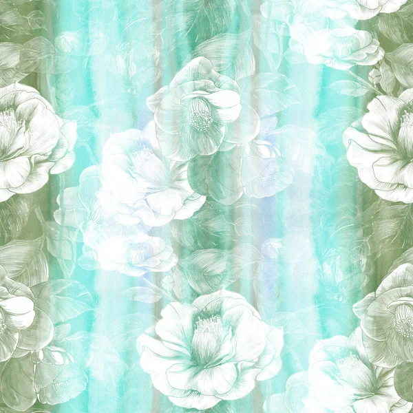 Zökkenőmentes Minta Kollázs Virágok Egy Akvarell Háttér Egzotikus Virágok Camellia — Stock Fotó