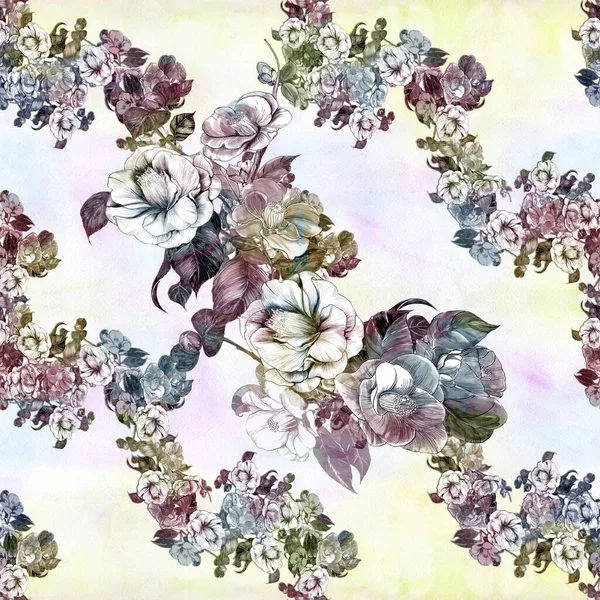 Sömlöst Mönster Collage Blommor Akvarell Bakgrund Exotiska Blommor Camellia Blommor — Stockfoto