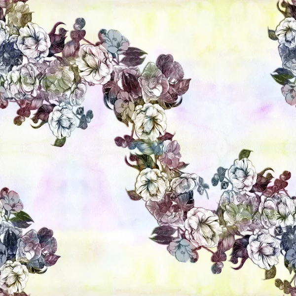 无缝图案 水彩画背景上的花束 异国花茶花 花和叶子 水墨画 装饰构图 使用印刷品 — 图库照片