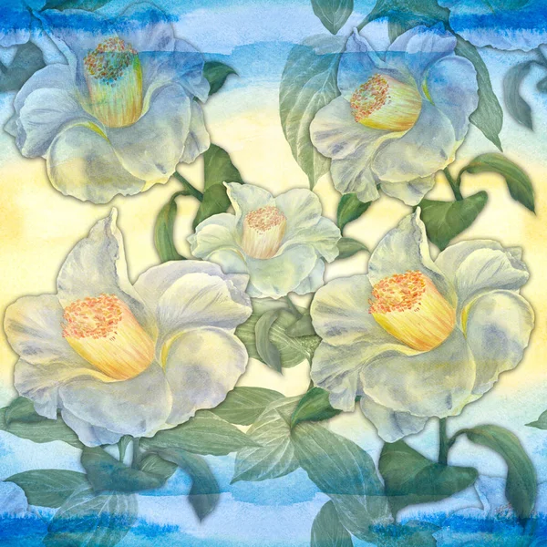 Бесшовный Шаблон Коллаж Цветов Акварельном Фоне Экзотические Цветы Камелия Цветы — стоковое фото