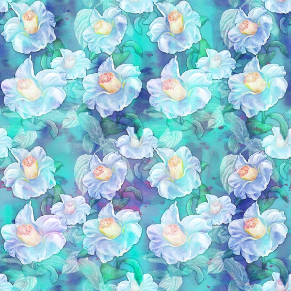 Padrão Sem Costura Colagem Flores Fundo Aquarela Flores Exóticas Camélia — Fotografia de Stock