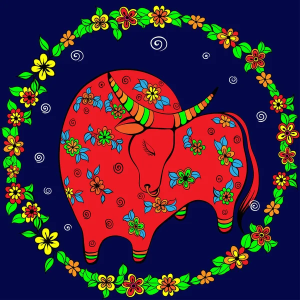 Čínský Nový Rok 2021 Rok Býka Býk Modrém Pozadí Květinami — Stockový vektor