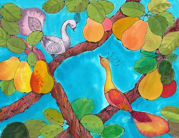 树枝上的鸟儿 梨树Batik 使用印刷品 明信片 — 图库照片