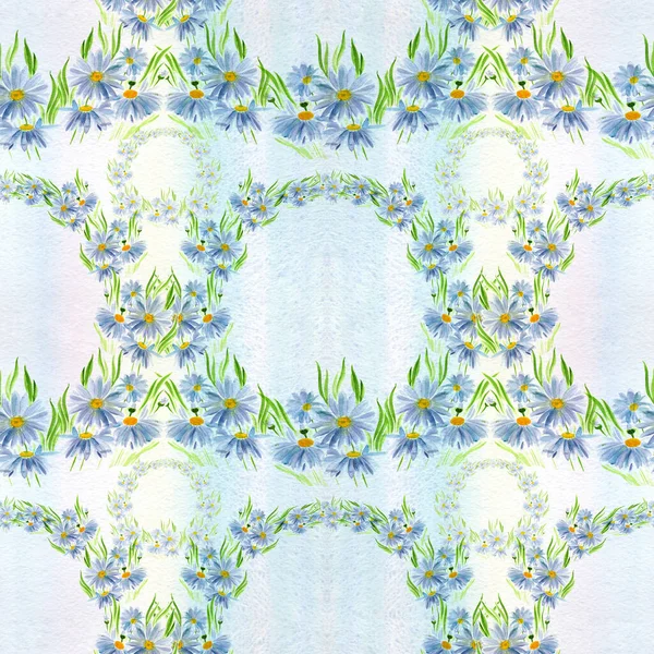 Margaridas Flores Folhas Padrão Sem Costura Ilustração Aquarela Composição Decorativa — Fotografia de Stock