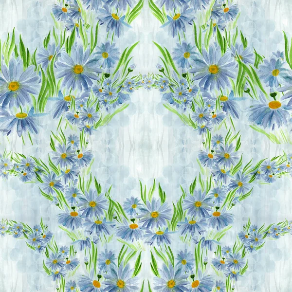 Papatyalar Çiçekler Yapraklar Kusursuz Desen Suluboya Çizimi Dekoratif Kompozisyon Yazdırılmış — Stok fotoğraf