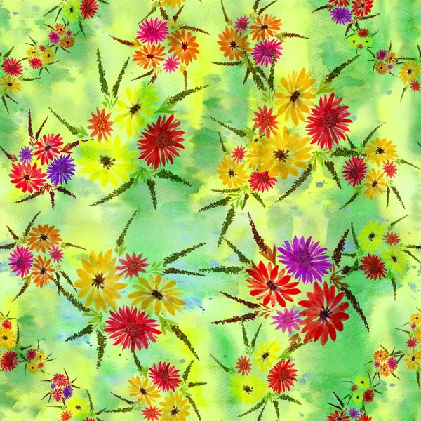 Seamless Pattern Collage Flowers Watercolor Background Flowers Leaves Decorative Composition — Stock Photo, Image