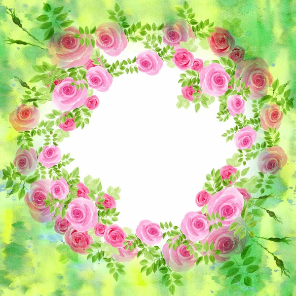 Рамка Цветами Кругу Розы Цветы Листья Акварель Обои Использовать Печатные — стоковое фото