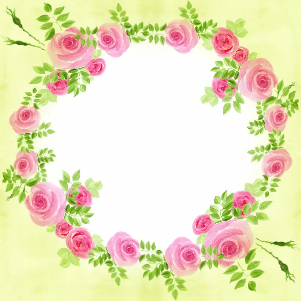 Roses - flowers and leaves. Frame with flowers in a circle. Watercolor. Wallpaper. Use printed materials, signs, posters, postcards, packaging.