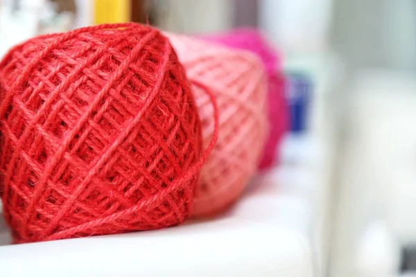 Colorful Knitting Yarn Balls Needles White Table Blurred Background Close — Stock Photo, Image