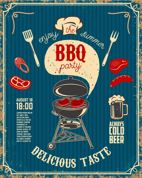 BBQ partito vintage flyer su sfondo grunge. Grill con cucina — Vettoriale Stock