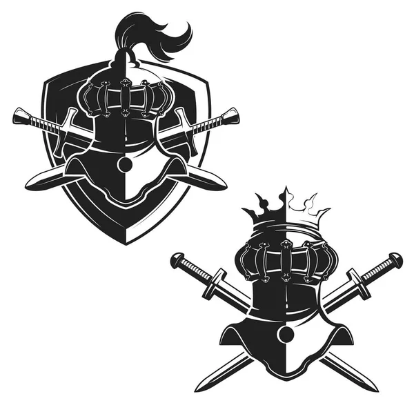 Conjunto de plantillas de emblemas con espadas y cascos de caballeros. De — Vector de stock