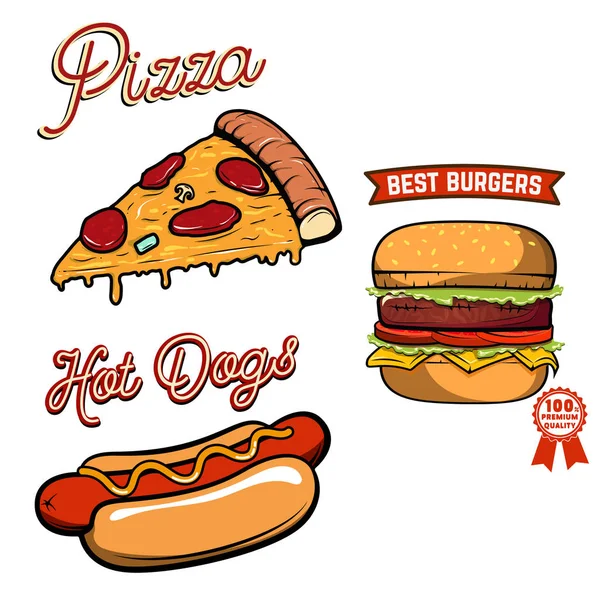 Pizza, hamburguesa, ilustraciones de perros calientes en estilo retro aislado en — Archivo Imágenes Vectoriales