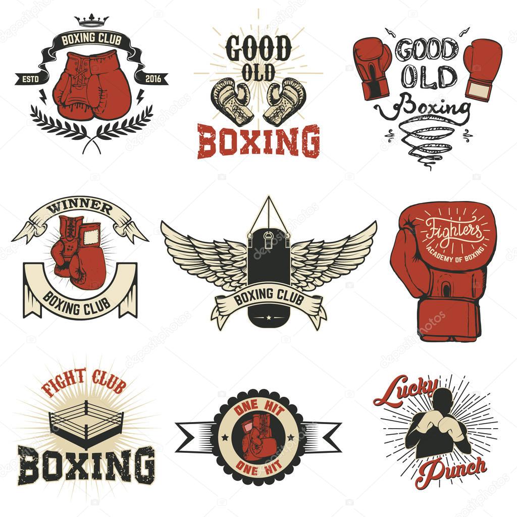 Boxing. Boxing club labels on grunge background. T-shirt print template. Design elements for logo, labe, emblem.