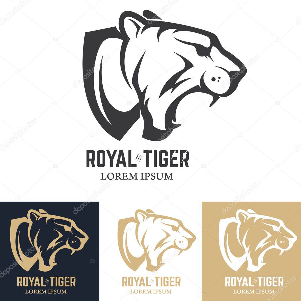 Set of the tiger heads. Sport team mascot. Design element for logo, label, emblem, sign, brand mark. Vector illustration.