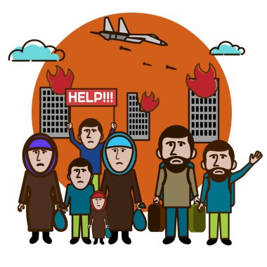 Refugees escape from bombing. Help Us. International migrants da clipart