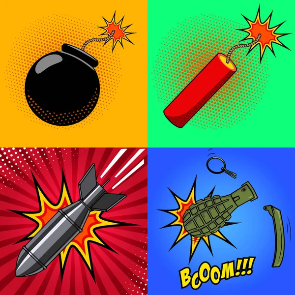 Bomba dos desenhos animados, bastão de dinamite, granada, com fogo em styl pop art —  Vetores de Stock