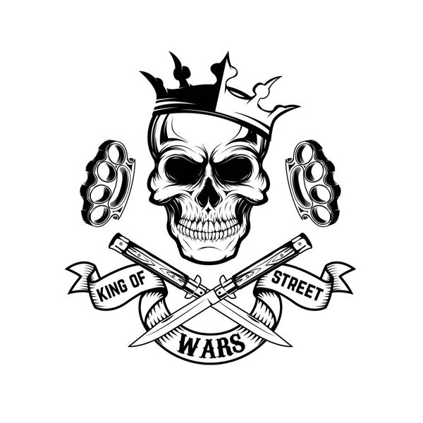 King of street wars. Skull in crown with banner and two crossed 