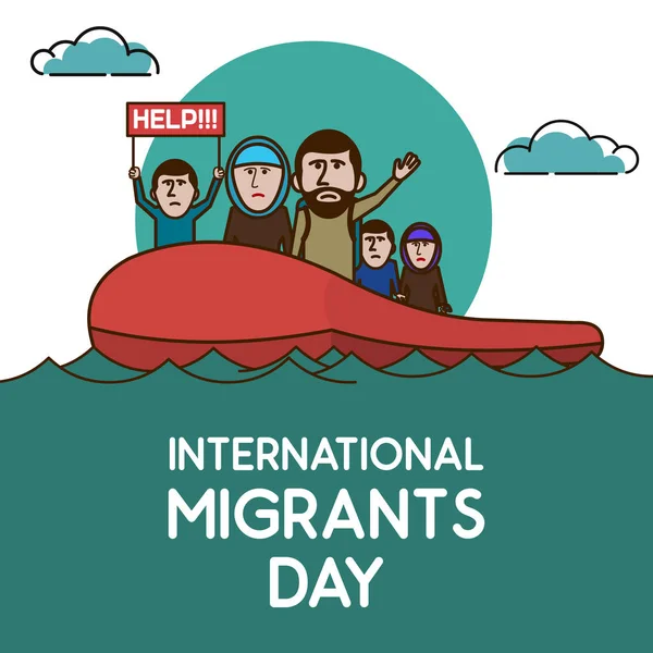 Refugees on the boat in open ocean. Help Us. International migra — Stock Vector