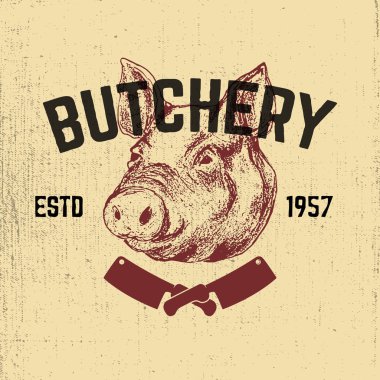 Domuz eti. Kasaplık. El çekilmiş domuz başlığı grunge arka plan üzerinde. Tasarım