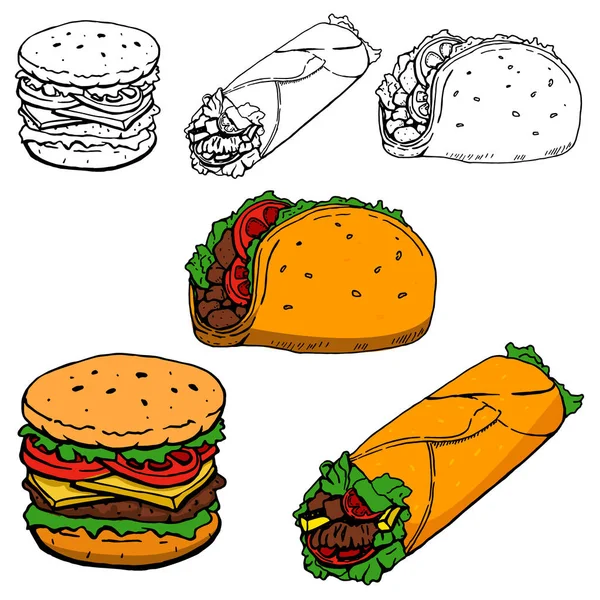 Burrito, taco, hot-dog ilustraciones dibujadas a mano aisladas en whit — Vector de stock