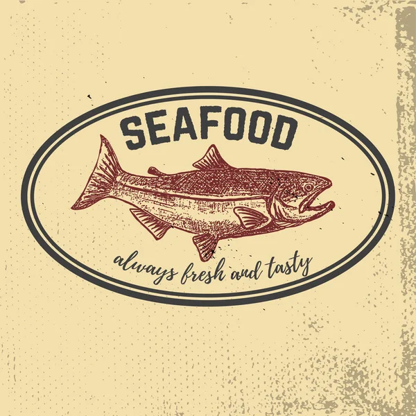 Makanan laut segar. Salmon ditarik tangan di latar belakang grunge. Rancangan el - Stok Vektor
