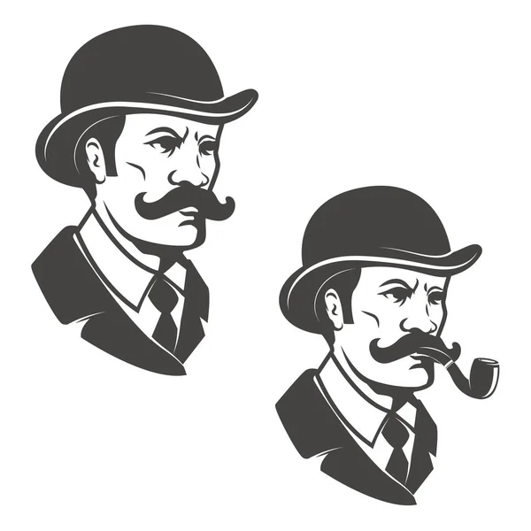 Tête de gentilhomme avec chapeau vintage avec pipe fumante. Éléments de design — Image vectorielle