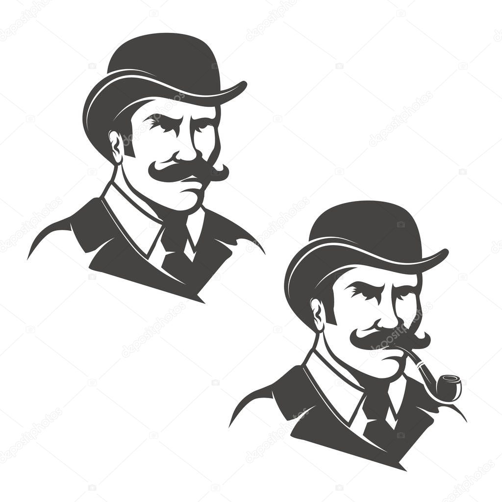 Set of gentleman heads with smoking pipe isolated on white backg