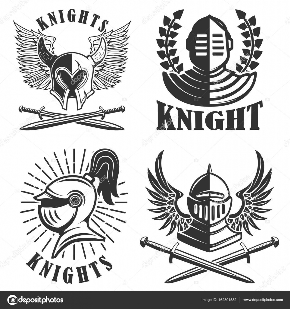 Set of the emblems with knights helmets and swords. Design eleme Stock