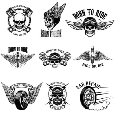 Set of biker emblems on white background. Racers skulls with win clipart