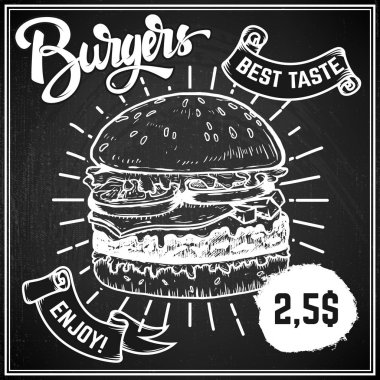 Hamburger menü kapak düzeni. Menü kara tahta ile el çekilmiş illus