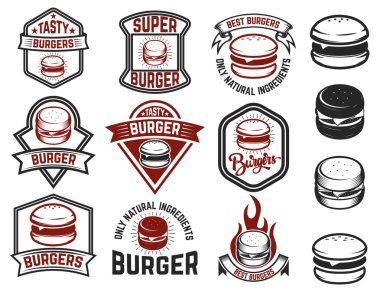 Burger etiket kümesi. Tasarım öğeleri için logo, amblem, menü, si