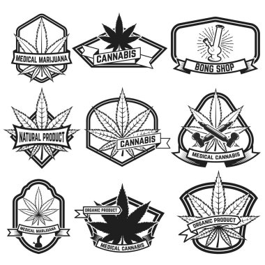 Esrar etiketleri. Tıbbi marihuana. Tasarım öğeleri için logo, la