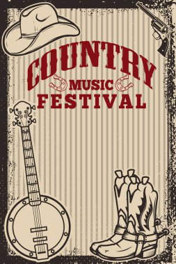 Country Müzik Festivali Afiş şablon. Kovboy şapkası, kovboy çizmeleri