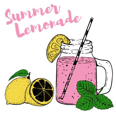 El limonata, limon ve nane yaprakları ile çizilmiş şişe. Tasarım