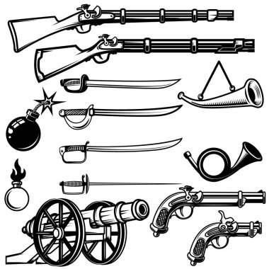 Set of ancient weapon. Muskets, saber, cannons, bombs. Design el clipart