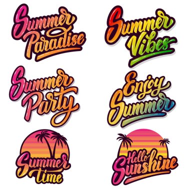 Yaz Amblemler kümesi. Tasarım öğeleri için logo, arma, işaret, po