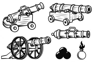 Set of ancient cannons illustrations. Design elements for logo, clipart