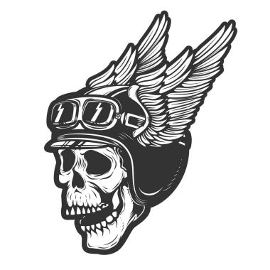 Beyaz arka plan üzerinde izole kanatlı kask içinde Racer kafatası. Tasarı