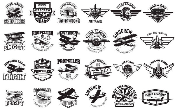 Set of airplane training center emblems. Design elements for log