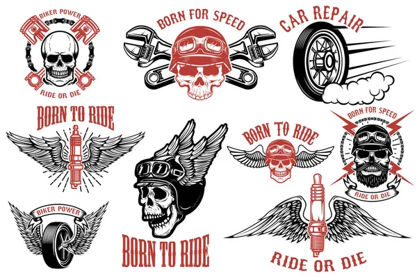 Född för att rida. Uppsättning av emblem med racer döskallar. Biker club l — Stock vektor