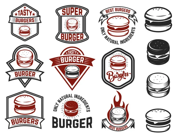 Σύνολο ετικετών burger. Σχεδιαστικά στοιχεία για λογότυπο, έμβλημα, μενού, si — Διανυσματικό Αρχείο