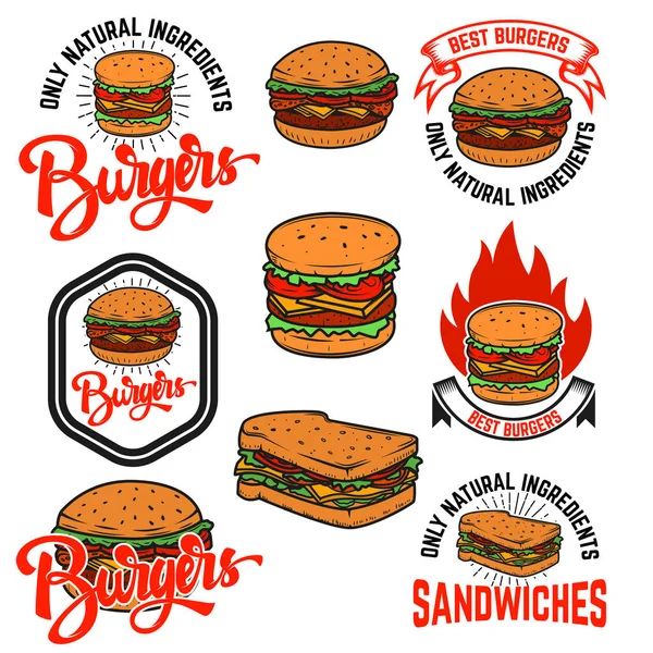 Conjunto de hamburguesas y emblemas de sándwiches aislados sobre fondo blanco — Vector de stock