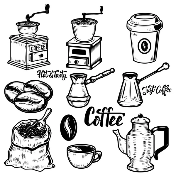 Conjunto de iconos de café sobre fondo blanco. Granos de café, molinos. Ve. — Vector de stock